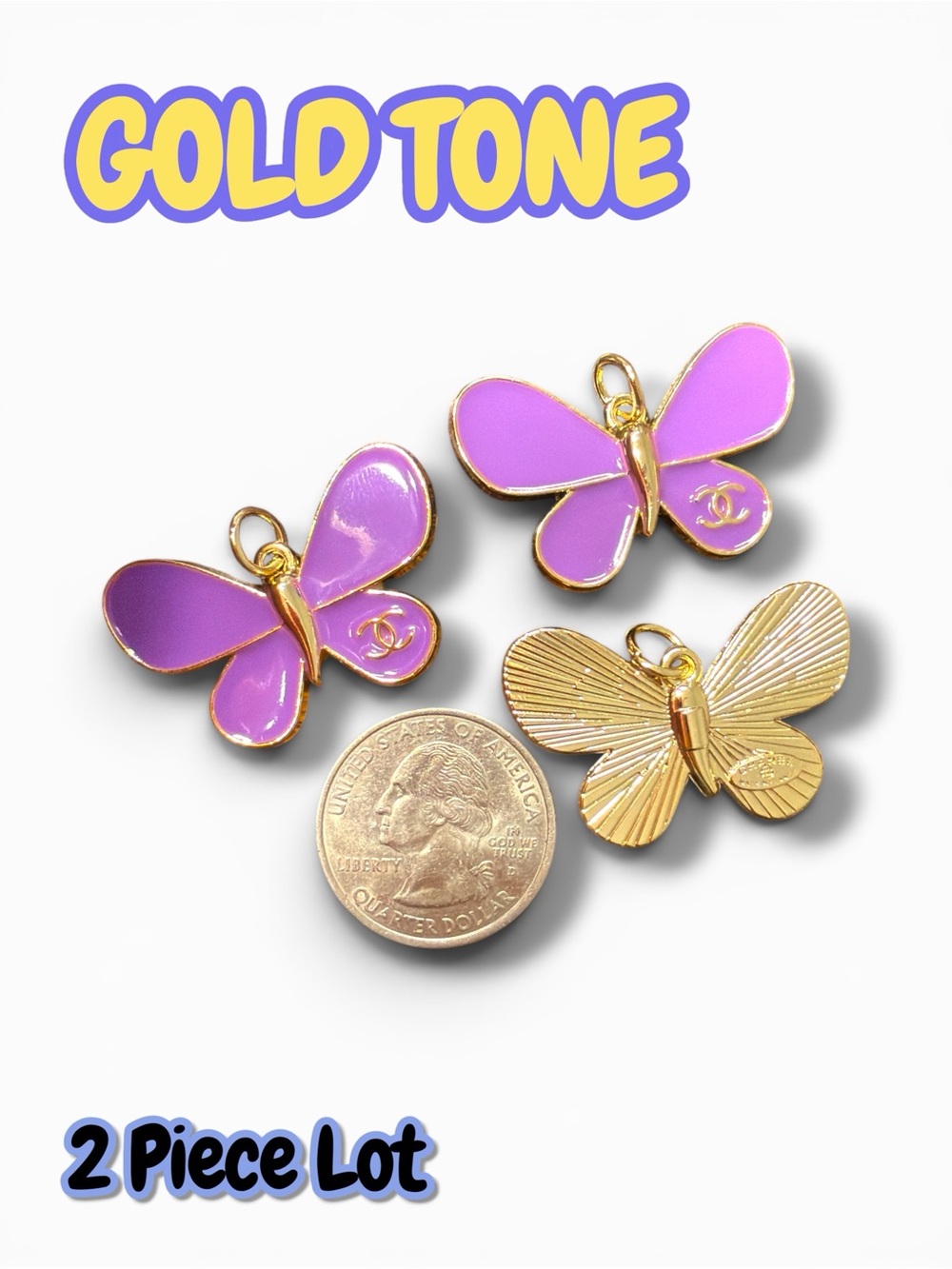 Lot of 2 CC Gold Tone Butterfly Zipper Pull Button Charms 25mm
